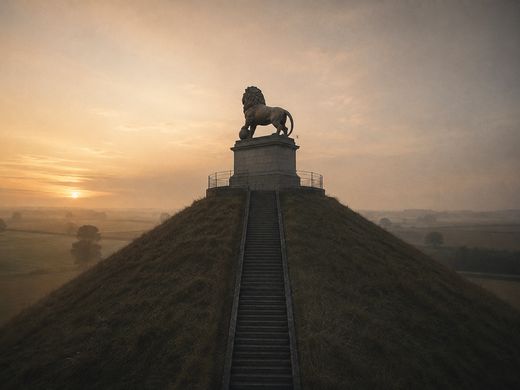 La Butte du Lion de Waterloo émergeant de la brume à l’aube
