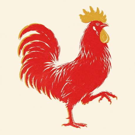 Un coq rouge sérigraphié sur fond ivoire, une patte levée