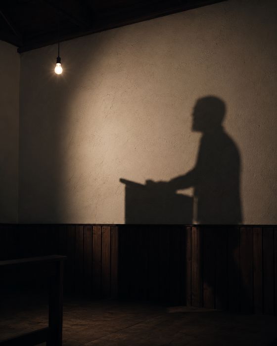 L’ombre portée d’un orateur derrière un pupitre, sur le mur d’une salle communale
