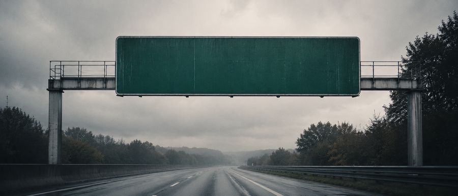 Un panneau de direction d’autoroute vierge au-dessus d’une voie déserte sous la pluie